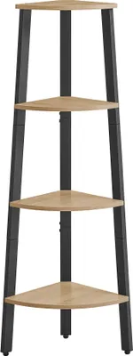 A four-tier corner shelf unit with a wood-tone finish and black metal frame, shown against a white background.