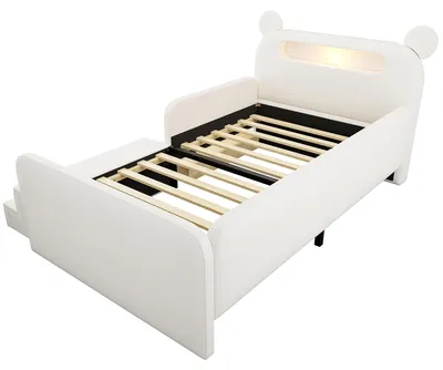 Produktbild von Flieks Kinderbett 90x200cm mit Nachtlicht und Usb, Polsterbett in Bären-Form, Spielbett Einzelbett mit Treppe und Schublade, Kunstleder, Weiß