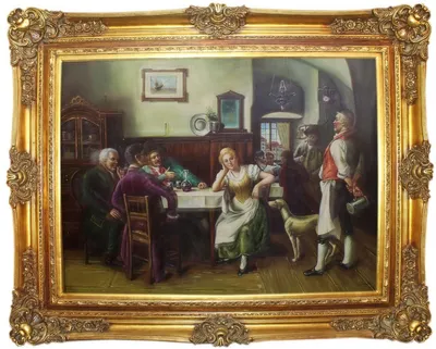 Produktbild von Casa Padrino Barock Ölgemälde Gesellschaft im Wirtshaus Mehrfarbig / Gold 160 x 10 x H. 130 cm - Handgemaltes Gemälde mit prunkvollem Rahmen im Barockstil - Barock Wanddeko