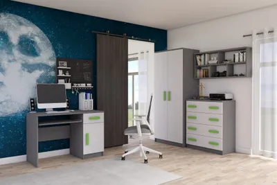 Obrázok produktu pre Kinderzimmer-Set Schrank Wandregal Kommode Schreibtisch grüne Griffe Jonas II 02 (Grau/Weiß)