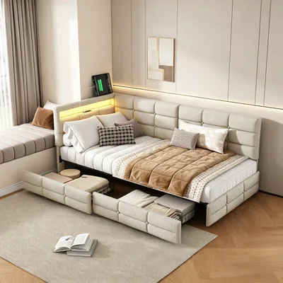 Obrázok produktu pre INONEFT, čalúnená posteľ, jednolôžko, 90x200 cm, posteľ s funkciou pohovky s LED osvetlením a USB/C portmi, L-tvarová drevená posteľ s 2 zásuvkami a roštom, materiál: ľan, farba: béžová