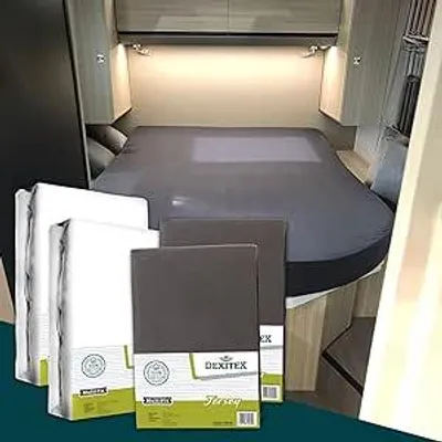 Produktbild von Dexitex Jersey-Spannbettlaken 4er Set – 2 Molton + 2 Spannbettlaken für Queensbett 135–160x210 cm – Wohnmobil & Wohnwagen – 100%Baumwolle – Dunkelgrau