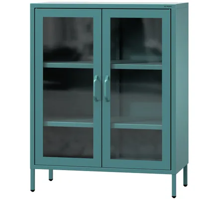 Produktbild von Jan Nowak kleiner Vitrinenschrank Kommode mit 2 Glastüren Gina 2 verstellbare Einlegeböden Standschrank aus Metall, 80 x 101,5 x 40 cm, Seegrün