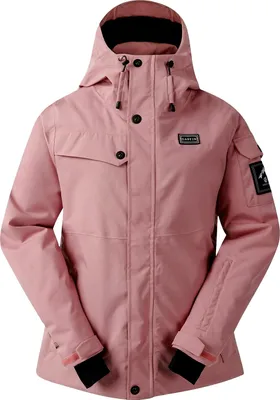 A pink ski jacket is shown against a white background.