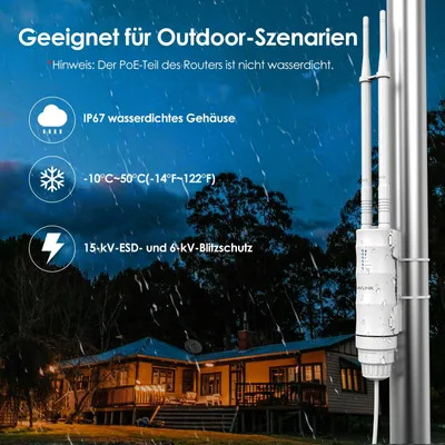 Produktbild von WAVLINK N300 Outdoor WLAN Repeater, wetterfester 300Mbit/s WLAN Access Point/Verstärker unterstützt Passive/Active PoE, AP/Router/Repeater Modi, 100Mbit/s WAN/LAN, WPA2, EU-Netzteil