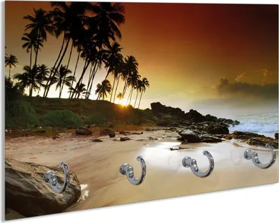 Produktbild von Wallario Handtuchhalter aus Glas, Motiv: Sri Lanka - Palmenstrand mit Sonnenuntergang, 30 x 20 cm mit 4 Haken