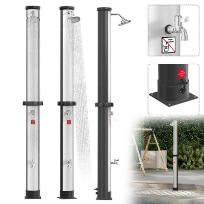 Collage of outdoor showers and close-ups of their components, with a background of greenery and a patio.