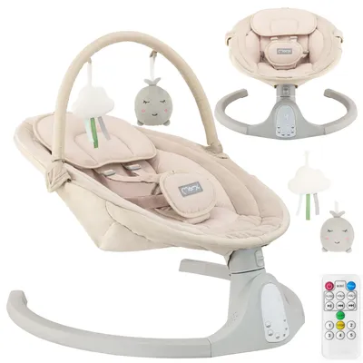 A beige baby swing with toys and a remote control, displayed on a white background.