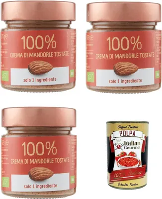 Produktbild von Eurocompany, Crema Spalmabile 100% Di Mandorle tostate, Brotaufstrich creme 100% Geröstete Mandeln, Nur eine Zutat, 3x 175g + Italian Gourmet polpa 400g