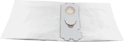 A white vacuum cleaner bag lies on a white surface.