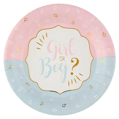 Zdjęcie produktu dla Talerzyki papierowe na Baby Shower Gender reveal Girl or Boy? - 22,5 cm - 10 szt.
