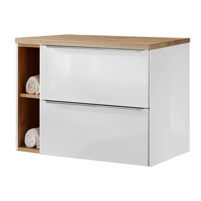 Produktbild von Waschtischunterschrank Set mit Regal 81cm TOSKANA-56 Hochglanz weiß & Wotaneiche B/H/T ca. 81/59,5/46cm