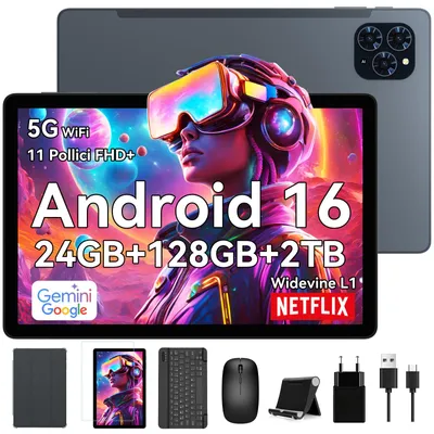 Immagine prodotto di Tablet TABWEE T90 Android 16, 11 pollici, 24 GB (8+16) RAM+128 GB ROM (2 TB TF), WiFi 5G, con penna/mouse/tastiera, 8000 mAh/16 MP+8 MP/Widevine L1/Gemini AI