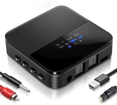 Produktbild von Bluetooth-Adapter mit LED-Statusanzeige, 20 m Reichweite, 3,5 mm Audio-Anschluss, digitale Lichtzender und RCA-Audio-Adapter.