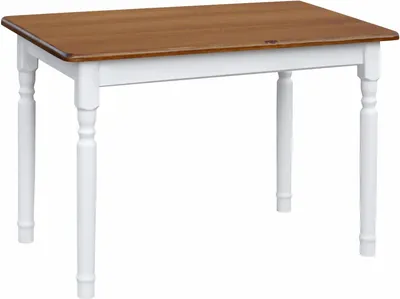 A rectangular table with a brown wooden top and white legs, shown against a white background.