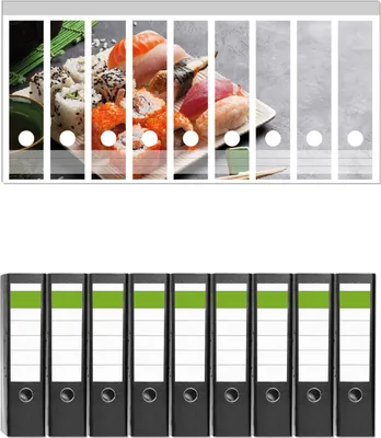 Produktbild von Wallario 9 Stück breite Ordner inkl. Klebeetiketten mit Motive Sushi-Menü mit grünem Tee -  Set mit Rückenschildern / Ordnerrücken Stickern