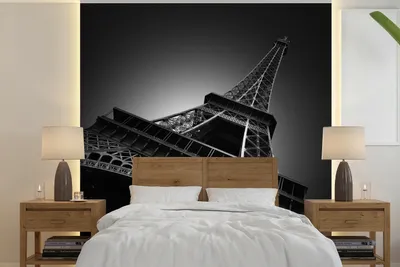 Produktbild von MuchoWow® Fototapete für Wohnzimmer oder Schlafzimmer Wandtapete Vinyl Motivtapete Der Eiffelturm in Schwarz und Weiß - 300x300 cm - Wanddekoration
