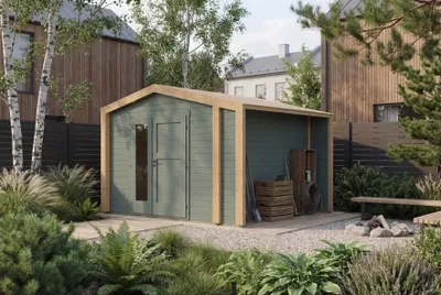 Produktbild von Gartenhaus Killarney, 350x300cm, Grüngrau, 28mm, KI-generiertes Bild