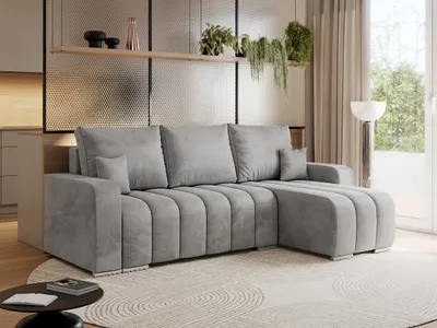 Produktbild von MKS MEBLE Sofa mit Schlaffunktion - Ecksofa mit Schlaffunktion und Bettkasten - Sofa 3 Sitzer - Schlafsofa - Couch - Schlafsofa mit Bettkasten - Kirasso L - Hellgrau Velvet