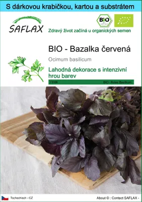 Obrázek produktu pro SAFLAX Dárková sada - BIO - Bazalka červená - Ocimum basilicum - 400 Semena - S dárkovou krabičkou, přepravním štítkem, dárkovou kartou a pěstebním médiem