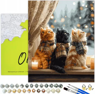 Image de Peinture par numéros Adultes & Enfants Animaux Chats Hiver 50x40 - 34 couleurs acryliques, toile avec cadre en bois, 3 pinceaux et accessoires Oh Art !