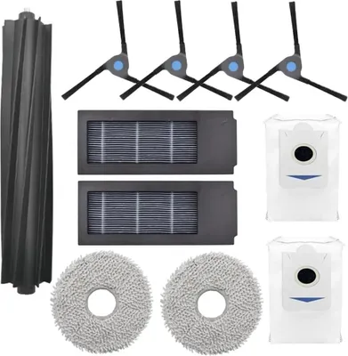 A collection of cleaning accessories for a robot vacuum cleaner, including brushes, filters, and mop pads, laid out on a white background.