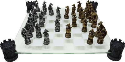 Productafbeelding van Schaakspel met drakenmotief in goud/zilver, met glazen speelbord - bordspel, schaakspel, gezelschapsspel