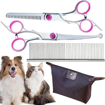 Produktbild von Professionelles Hundekurzschereinset mit runden Sicherheitspunkt - Kurzschereinset für Fellpflege - Effileurschaar gebogen für Fellpflege von Hund und Katze