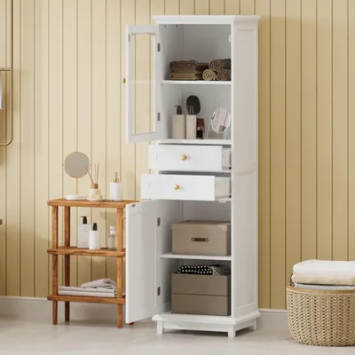 Produktbild von Badschrank mit Zwei Schubladen und Verstellbare Einlegeböden Badezimmerschrank Badkommode Badezimmermöbel 45x36x160cm Weiß