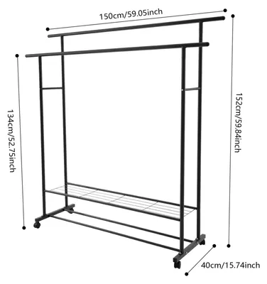 Immagine prodotto di Appendiabiti – Porta abiti con ruote – Metallo – Altezza 1,34 m – Barra appendiabiti mobile – Nero