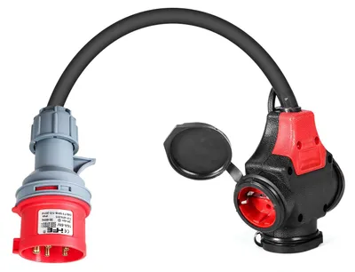 Obrázek produktu pro Adaptér CEE 16A 400V na 3x 230V 16A rozdělovač, gumový kabel 0,5m, ochrana proti prachu a stříkající vodě IP44