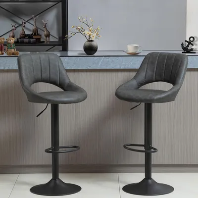 Produktbild von Barhocker 2er-Set Grau Kunstleder drehbar, Küchenhocker Tresenhocker höhenverstellbar, Metallrahmen Vintage | Sitzhöhe 58–80 cm | bis 120 kg