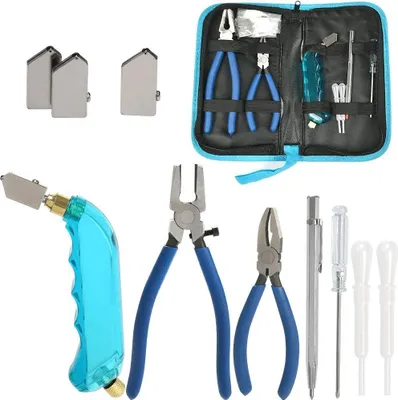 Produktbild von Professionelles Glas-Sets - Oel-Feed-Schneidwerkzeug mit Schneidekappe 2 Maßen - Verbindungs-Zangen - Oel-Presser - Skulpturenstift - Schraubendreher - Koffer - Glas-Schneidwerkzeug für präzise Glas-Schnitte - Glas-Schneiden - Werkzeug für Glasbearbeitung
