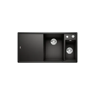 A top-down view of a black kitchen sink with multiple compartments and drains.