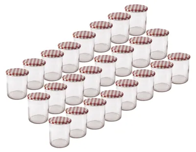 A collection of glass jars with red and white checkered lids, arranged in a diagonal pattern.