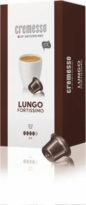 A box of Cremesso coffee capsules with a coffee cup and capsules shown.