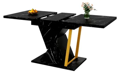 Produktbild von Esstisch mit Ausziehbarer Tischplatte und Z-förmigen Tischbeinen, Holztisch für 4-6 Personen, 110-140×80×76cm, Schwarz mit Marmorierung