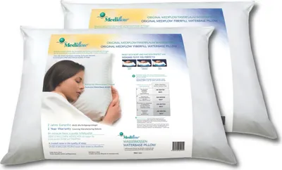 Two Mediflow waterbase pillows are shown, one in the foreground and one behind it. The pillow in the foreground has packaging with product information and an image of a woman sleeping on a pillow.