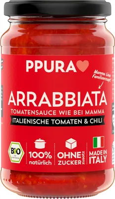 Produktbild von PPURA  Tomatensauce Arrabbiata, Pasta-Sauce mit fruchtigen Tomaten & Chili, 340g Glas