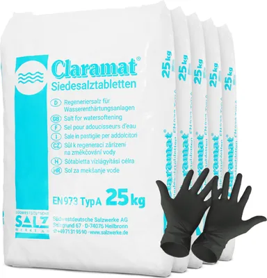 Produktbild von Claramat Siedesalztabletten 125kg Regeneriersalz inklusiv 1 Paar ARNOMED Einweghandschuh