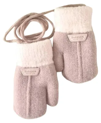 Produktbild von 1 Paar Winterhandschuhe mit Hängeseil, dickem Fleecefutter, Buchstabenlogo, einfarbig, Baby-Strickfäustlinge