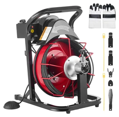 Obrázok produktu pre VEVOR stroj na čistenie potrubia 50 FT x 3/8 palca, automatická špirála na čistenie potrubia, 250 W elektrický stroj na čistenie potrubia so 4 nožmi a nožným spínačom aktivovaným vzduchom pre 2" až 4" potrubia