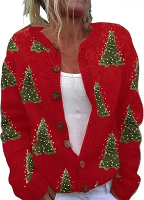 Produktbild von ASKSA Damen Weihnachts Strickjacke Weihnachtsjacke Weihnachten Cardigan Reindeer Weihnachtsmann Weihnachtspullover Sweat,D-Rot,S