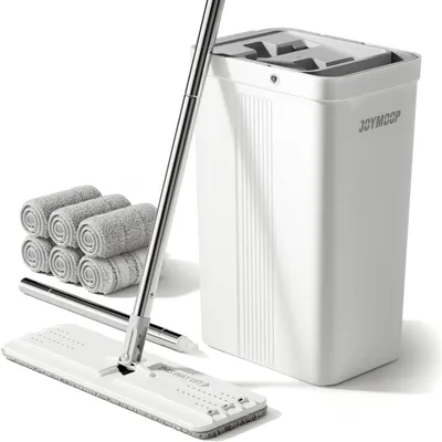 Productafbeelding van Dweilset met emmer en wringer, plat model, handsfree bediening, 155 cm, 6 microvezel pads, wit