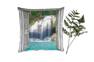 Produktbild von MuchoWow® Zierkissen Sofakissen Wohnzimmer Dekokissen 45x45 cm Aussicht - Wasserfall - Natur - Landschaft - Schlafpolster - Polster für das Sofa