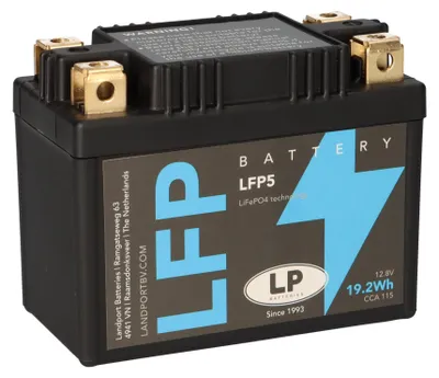 A black battery with gold terminals and a blue lightning bolt graphic on the label.