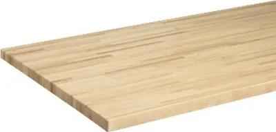 A close-up, angled view of a light-colored wooden countertop.