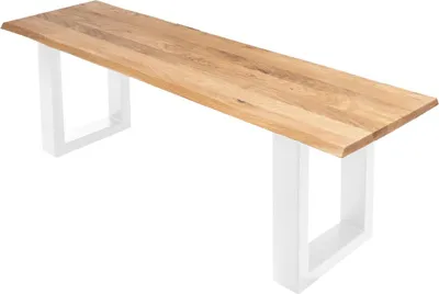 Produktbild von Sitzbank 120x42 cm Enrico, Eichenholz massiv + geölt, weiß lackiertes Kufengestell aus Metall, Esszimmerbank mit echter Baumkante, Holzbank aus Massivholz, Pflegeleichte Baumkantenbank