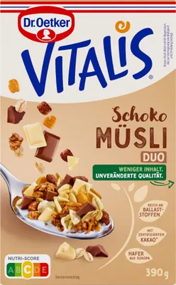 Produktbild von Dr. Oetker Vitalis Schoko Duo Müsli mit weißer Schokolade Packung 390g