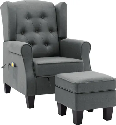 A gray fabric massage chair and ottoman set against a white background.